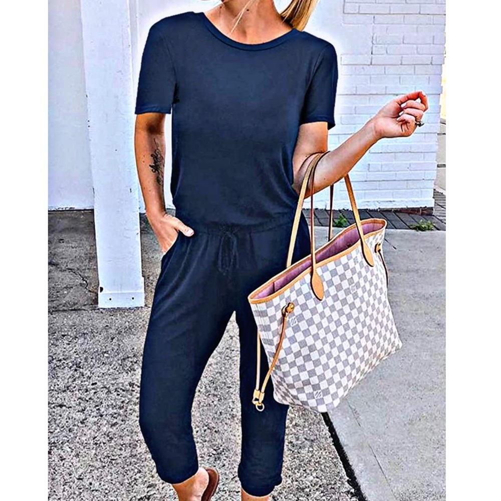 Short sleeve crew neck jumpsuit